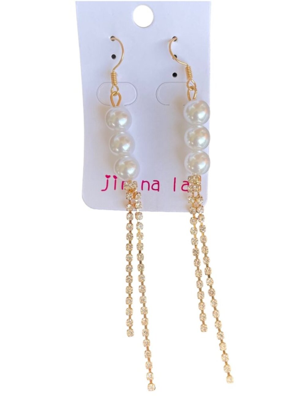 Faux Pearl Rhinestone Earrings 4in Long Gold Glam Dangles - Picture 3 of 9